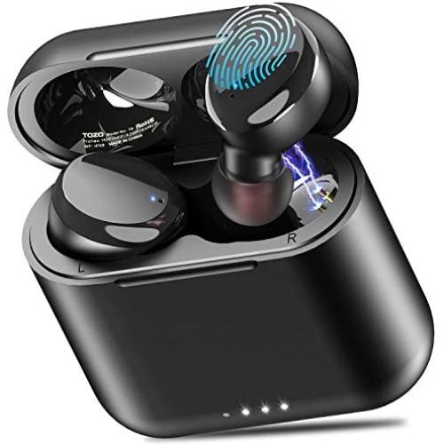 TOZO T6 True Wireless Earbuds Bluetooth Headphones Touch Control with Wireless Charging Case IPX8 Waterproof TWS Stereo Earphones in-Ear Built-in Mic Headset Premium Deep Bass for Sport Black