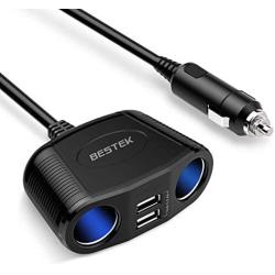 BESTEK 150W 2-Socket Cigarette Lighter Splitter Power Adapter DC Outlet Car Charger Splitter Dual 2.4A USB Car Cigarette Splitter with 26 Inches Cord for Cellphone GPS Dash Cam