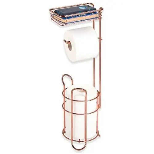 mDesign Freestanding Metal Wire Toilet Paper Roll Holder Stand and Dispenser with Storage Shelf for Cell, Mobile Phone - Bathroom Storage Organization - Holds 3 Mega Rolls - Rose Gold mDesign Freestanding Metal Wire Toilet Paper Roll Holder Stand and Dispenser with Storage Shelf for Cell, Mobile Phone - Bathroom Storage Organization - Holds 3 Mega Rolls - Rose Gold