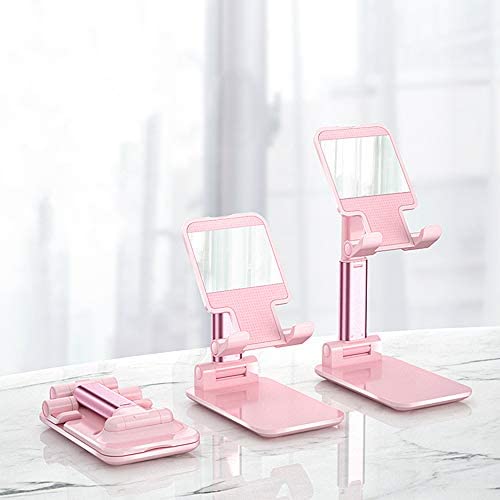 Pink Folding Phone Stand with Mirror, Adjustable Phone Holder, Stable, Portable, Compatible Mobile Phones and Tablets