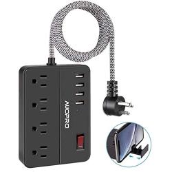 Power Strip USB, AUOPRO Flat Plug Surge Protector 4 Outlets & 4 USB Ports, Retractable Phone Holder, 5ft Braided Extension Cord, Compact Charging Sation for Home Office Hotel Travel, 1250W/10A/600J