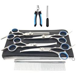 MaoCG Dog Grooming Scissors Set, Safety Round Blunt Tip Grooming Tools, Professional Curved,Thinning,Straight Scissors with Comb,nail cliper and nail file,Grooming Shears for Dogs and Cats.