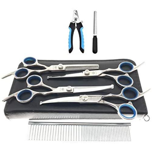 MaoCG Dog Grooming Scissors Set, Safety Round Blunt Tip Grooming Tools, Professional Curved,Thinning,Straight Scissors with Comb,nail cliper and nail file,Grooming Shears for Dogs and Cats.