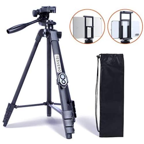 TESVERO Tripod for iPad iPhone,55" Lightweight Camera Tripod + Wireless Remote + Remote Holder + 2 in 1 Mount Holder for Smartphone (Width 2.2-3.3"),Tablet (Width 4.3-7.3")