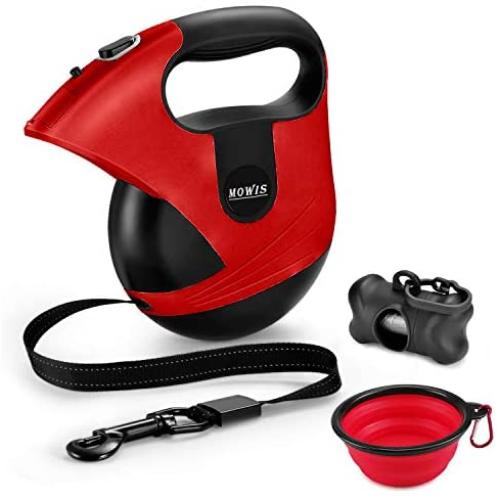 Mowis Retractable Dog Leash, 360° Tangle-Free, Heavy Duty up to 175Lbs Pets, 16ft Strong Nylon Tape with Waste Bag Dispenser, Pet Travel Bowl, One-Handed Brake/Pause/Lock