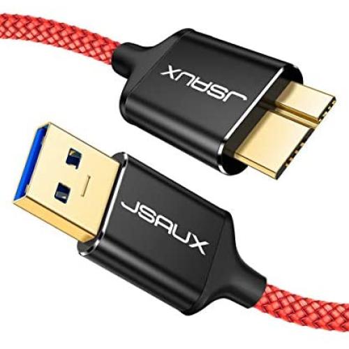 Micro USB 3.0 Cable, JSAUX USB A Male to Micro B Cable 2 Pack [3.3FT+6.6FT] External Hard Drive Cable Galaxy S5 Nylon Braided Cord for Samsung Galaxy S5, Note 3, Seagate Hard Drive, WD Hard Drive-Red