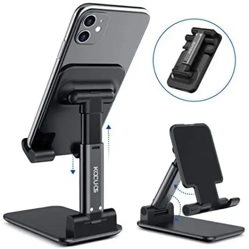 Kocuos Cell Phone Stand, Angle Height Adjustable Foldable Phone Holder Dock Cradle for Desk Compatible with iPhone 11 Pro Se Xs Xs Max Xr X 8 7 6 6s Plus, iPad Mini, All Smartphones (Black)
