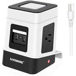 SAFEMORE USB Surge Protector Power Strip with 2 USB Charging Station,3 Power Outlet and 6.5Ft Extension Cord Power Tower for Nightstand Accessories,Tabletop, Game,Smartphone, White & Black