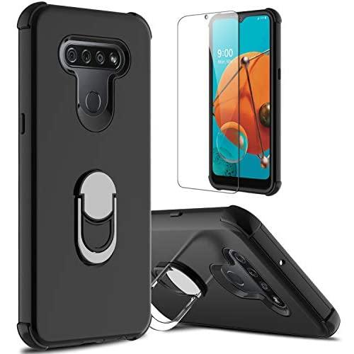 lovpec LG K51 Case with Soft TPU Screen Protector, Ring Holder Kickstand Shockproof Protective Phone Cover Case for LG K51/LG Q51/LG Reflect/LG LM-K500UM (Black)