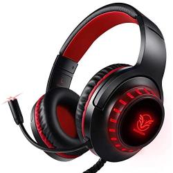 Pacrate Gaming Headset for PS4 Xbox One PC with Noise Cancelling Microphone Stereo Surround Sound Headphone with LED Light Intense Bass for Computer Laptop Mac (Black Red)