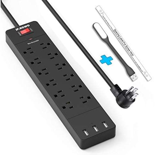 Flat Plug Power Strip Surge Protector, 3 USB Ports 12 Outlets Strip, 6 Extension Cord Power Strip, 1875W 1700 Joules 5V 3.1A USB Surge Protector Outlet Plug Black, Meet All Your Needs by Jf.egwo