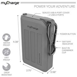 myCharge Adventure Portable Charger Waterproof Power Bank 10050mAh Dual USB Rugged Outdoor External Battery Pack for Camping Accessories, Cell Phone (iPhone, Android for Samsung Galaxy) - Grey