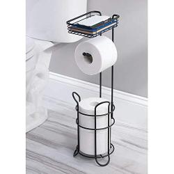 mDesign Freestanding Metal Wire Toilet Paper Roll Holder Stand and Dispenser with Storage Shelf for Cell, Mobile Phone - Bathroom Storage Organization - Holds 3 Mega Rolls - Matte Black