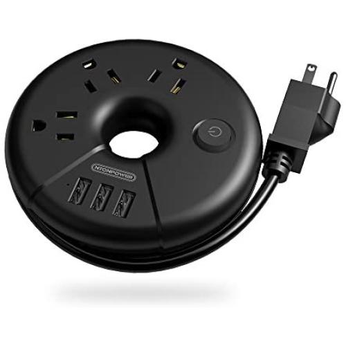 Travel Power Strip, NTONPOWER Portable Charging Station 3 USB Without Surge Protector Short Extension Cord 15 inch Compact for Home, Office, Cruise Ships, Business Trip, Hotels - Black