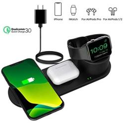 Aresh 3 in 1 Wireless Charging Station Compatible with Apple Watch Charger, Airpod/Airpods Pro iPhone SE 2020 11/11 Pro Max X XS XR 8 Wireless Charging Pad Wireless Charger 3 in 1 Stand(QC3.0 Adapter)