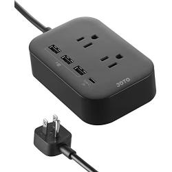 JOTO 2 Outlet Surge Protector Power Strip with USB Smart Charger (4 Port,5V 7.4A),with Type C Charging Port, 6.6ft Long Cord Extension, Home Office Desk Nightstand Travel Charger Station -Black