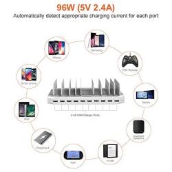 iPad Charging Station 96W 10-Port Alxum USB Charging Station Multiple Device USB Charger with Smart IC Tech, Organizer Stand for iPhone X, Xs Max,8,7,6, Samsung Google Nexus LG, Tablets, White