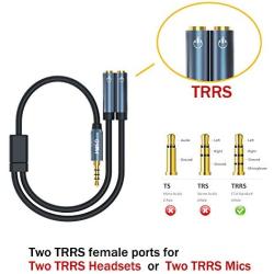 MillSO Headset Splitter for 2 TRRS Headphones or Mics - 3.5mm Jack Adapter TRRS 4-Pole Splitter Male to 2 Dual Female Adapter Compatible for 2 Headphones or Microphones to Connect Mobile Phone, Laptop