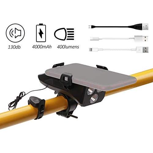 XUNXING 4 in 1 4000mA Rechargeable Bike Cellphone Mount Front Light Super Bright Power Bank Motorcycle Bicycle Mobile Phone Holder Mounting with High 130DB Bell