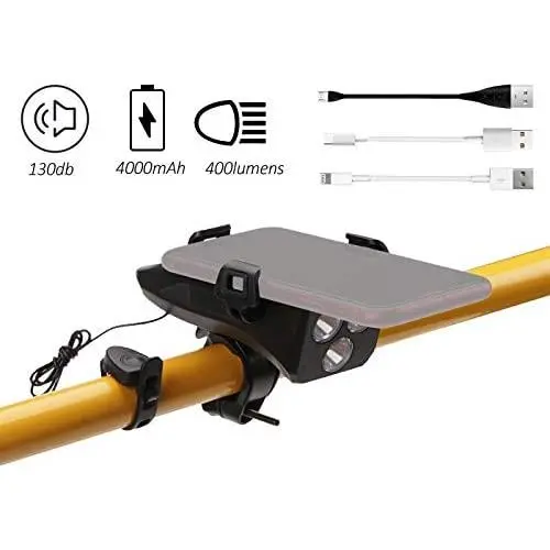 XUNXING 4 in 1 4000mA Rechargeable Bike Cellphone Mount Front Light Super Bright Power Bank Motorcycle Bicycle Mobile Phone Holder Mounting with High 130DB Bell