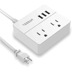 TESSAN Portable 2 Outlet Small Travel Power Strip with 3 USB Ports -Desktop Charging Station 5 Foot Extension Cord- Non Surge Protection Cruise Ship Approved -White