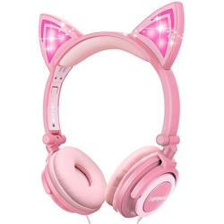 Isightguard Kids Headphones, Wired Headphones On Ear, Cat Ear Headphones with LED for Girls, 3.5mm Audio Jack for Cell Phone (Peach)