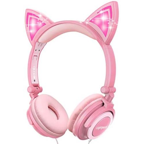 Isightguard Kids Headphones, Wired Headphones On Ear, Cat Ear Headphones with LED for Girls, 3.5mm Audio Jack for Cell Phone (Peach)