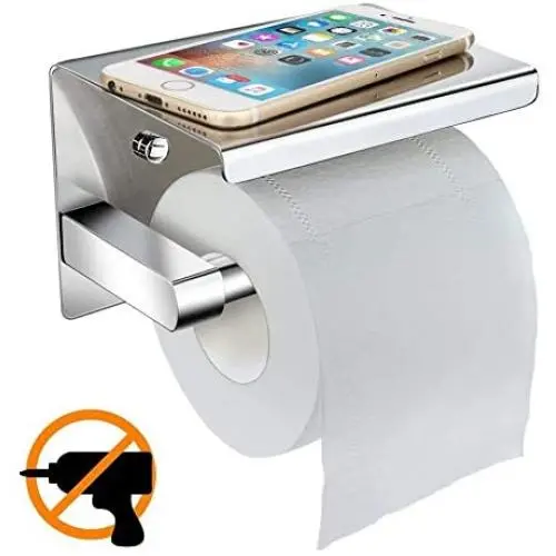 Toilet Roll Holder without Drilling,Esonstyle Self-Adhesive Stainless Steel Toilet Paper Holder Toilet Roll Holder Toilet Paper Roll Holder Wall Mount Toilet Roll Holder with Storage (silver, SUS304)