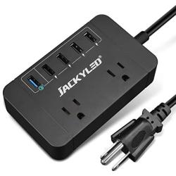 Portable Power Strip with a Quick Charge 3.0 USB Port 4 Standard USB and 10A Dual Oultes, 6 ft Extension Cord JACKYLED 1700J Surge Portector for Phone Tablet Laptop in Home Office, UL Listed, Black