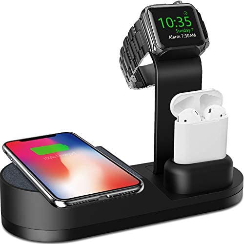 Deszon Wireless Charger Designed for Apple Watch Stand Compatible with Apple Watch Series 5 4 3 2 1, AirPods Pro Airpods and iPhone SE 11 11 pro 11 Pro Max Xs X Max XR X 8 8Plus (No Adapter) Black