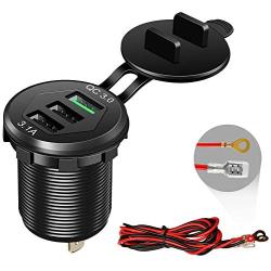 Quick Charge 3.0 Car Charger, 12V/24V 35W QC3.0/2.0 USB Charger Socket, 3 USB Charger Socket Power Outlet Fast Charge with Wire Fuse Aluminum Car Boat Marine ATV Bus Truck Golf Cart and More(Black