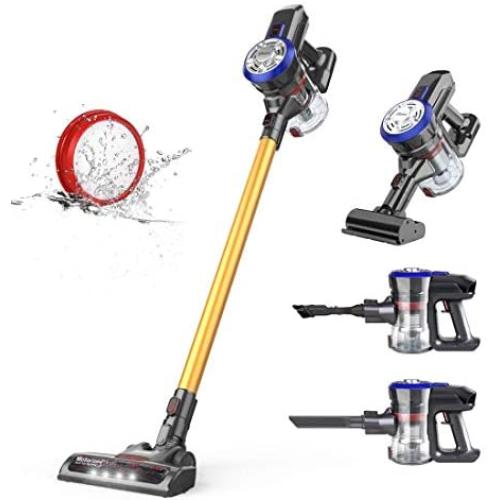 Dibea D18 Lightweight Cordless Stick Vacuum Cleaner, 2 in 1 Bagless Rechargeable Handheld Car Vacuum with Mini Motorized Brush for Floor Carpet Pet Hair, Gold