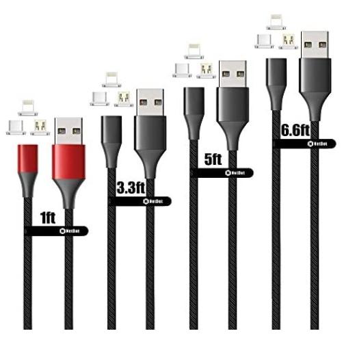 NetDot Magnetic Charging Cable,Gen10 Nylon Braided Fast Charging Magnetic Cable with LED Compatible Micro USB & USB-C Smartphones and i-Product (4 Pack,1ft red,3.3ft/5ft/6.6ft Black)