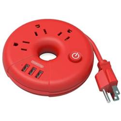 USB Power Strip, NTONPOWER Desktop Charging Station with 3 Outlets 3 USB Short Wrapped Extension Cord 15 inch for Travel, Cruise Ships, Office, Nightstand - Red