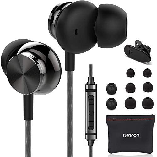 Betron BS10 Noise Isolating Earphones, in Ear Headphones with Microphone and Volume Control, Powerful Bass Sound Includes 3 Different Sized Pairs of Ergonomic Earbuds and Carry Bag, Black