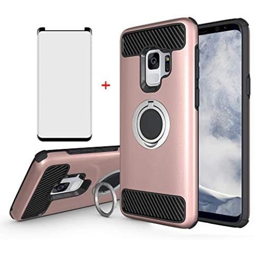 Samsung Galaxy S9 Phone Case With Tempered Glass Screen Protector And Magnetic Ring Holder Stand Kickstand Hybrid Protective Cell Accessories Hard Cover for Glaxay S 9 Galazy 9S GS9 Women Girls Pink