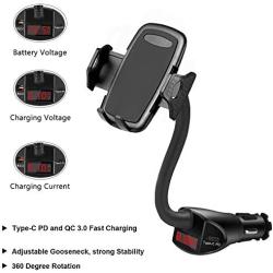 Cigarette Lighter Phone Mount, Dual USB PD QC 3.0 Quick Charge, Fast Car Charger Cell Phone Holder Cradle Compatible with iPhone 11 Pro XS MAX X XR 8 7 Plus Samsung Galaxy S10 S9 S8 Plus Note 10 9 8