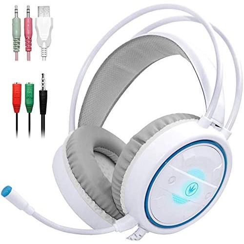 Dland Gaming Headset with Mic and Changeable LED Light for Laptop,Computer, Cellphone, PS4 and Xbox, 3.5mm Wired Noise Isolations Gaming Headphones with Volume Control-White