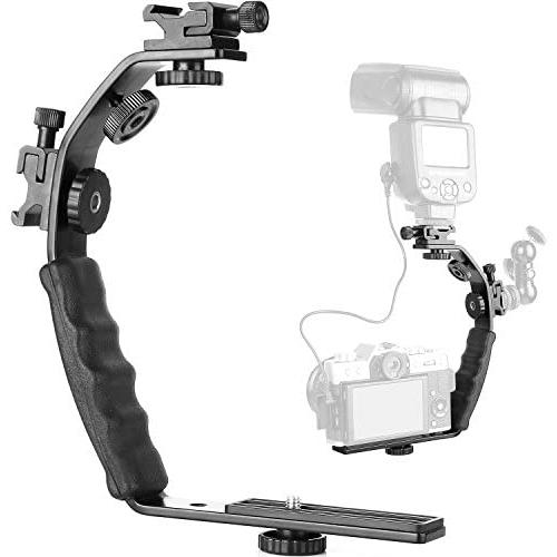 ChromLives Camera L Bracket Mount Video Grip L-Bracket with Dual Flash Cold Shoe Mount 1/4 Tripod Screw, Heavy Duty Padded Hand Grip for DSLR Camera Camcorder (Updated)