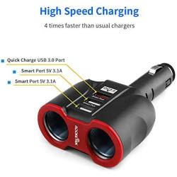 Rocketek Car Charger Adapter, 2 Sockets Cigarette Lighter Splitter with 3 USB Port Fast QC 3.0 Car Adapter 12/24V 120W DC Outlet for iPhone, iPad, Samsung, Google Pixel, Nexus, GPS, Dash Cam