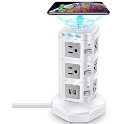 Power Strip Tower Wireless Charger - GLCON Surge Protector Charging Station with 4 USB Ports + 3000W 13A 10 Outlet Plugs + 6ft Extension Cord - Power Outlet Charging Tower for PC Home Office