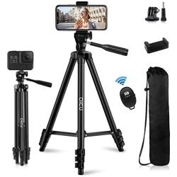 Phone Tripod, QI-EU 51”Extendable Lightweight Aluminum Travel Video Tripod Stand with Cell Phone Mount Holder & Bluetooth Remote, Compatible with iPhone/Android/Gopro/Camera for Selfie & Vlogging