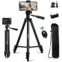 Phone Tripod, QI-EU 51”Extendable Lightweight Aluminum Travel Video Tripod Stand with Cell Phone Mount Holder & Bluetooth Remote, Compatible with iPhone/Android/Gopro/Camera for Selfie & Vlogging