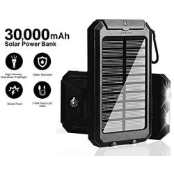 Solar Charger 30,000mAh, Solarprous Portable Dual USB Solar Battery Charger External Battery Pack Phone Charger Power Bank with Flashlight for Smartphones Tablet Camera (Black)