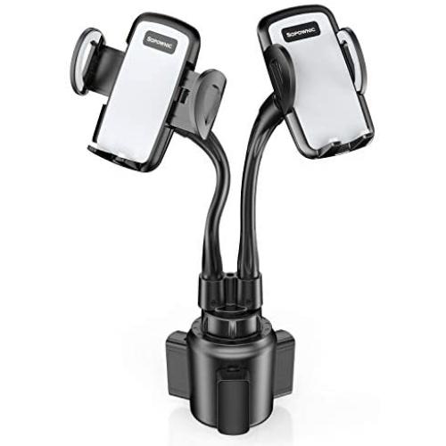 Dual Car Cup Holders Phone Mounts, Sopownic Cup Phone Holders with 2 Adjustable Goose Necks for GPS Car Universal iPhone, Cell Phone, Android, Galaxy