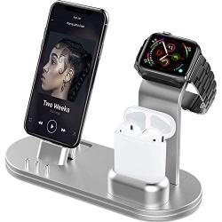 OLEBR Charging Stand Compatible with iWatch 5 and 4 Watch Charging Stand for AirPods, iWatch Series 5/4/3/2/1,iPhone 11/11 Pro/11 Pro Max/Xs/X Max/XR/X/8/8Plus/7/7 Plus /6S /6S Plus/iPad-Silver