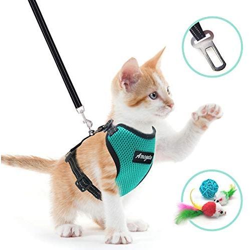 Amogato Reflective Kitten Harness and Leash Escape Proof for Walking, Adjustable Cat Harness with Car Seat Belt & Metal Leash Ring & Cat Ball Mouse Toys Gift