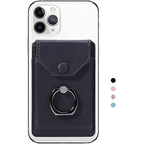 YUNCE Ring Stand Stick on Wallet Cell Phone Slim Leather Wallet Stick on Wallet Credit Card RFID Blocking Sleeve Black