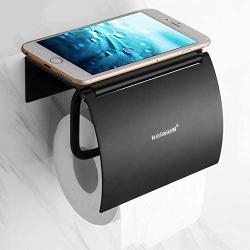 Matte Black Toilet Paper Holder Wall Mounted with Phone Shelf, Universal Modern Toilet Tissue Holder fit Mega Roll Toilet Paper, Cat Proof Toilet Paper Holder Bathroom Metal Aluminum Covered TP Holder