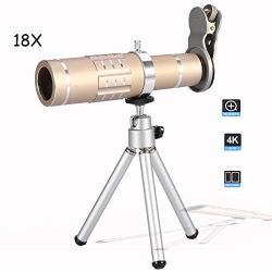 Fosa Cell Phone Camera Lens Kit Universal 18X Optical Zoom Telephoto Telescope Lens with Tripod(Gold)